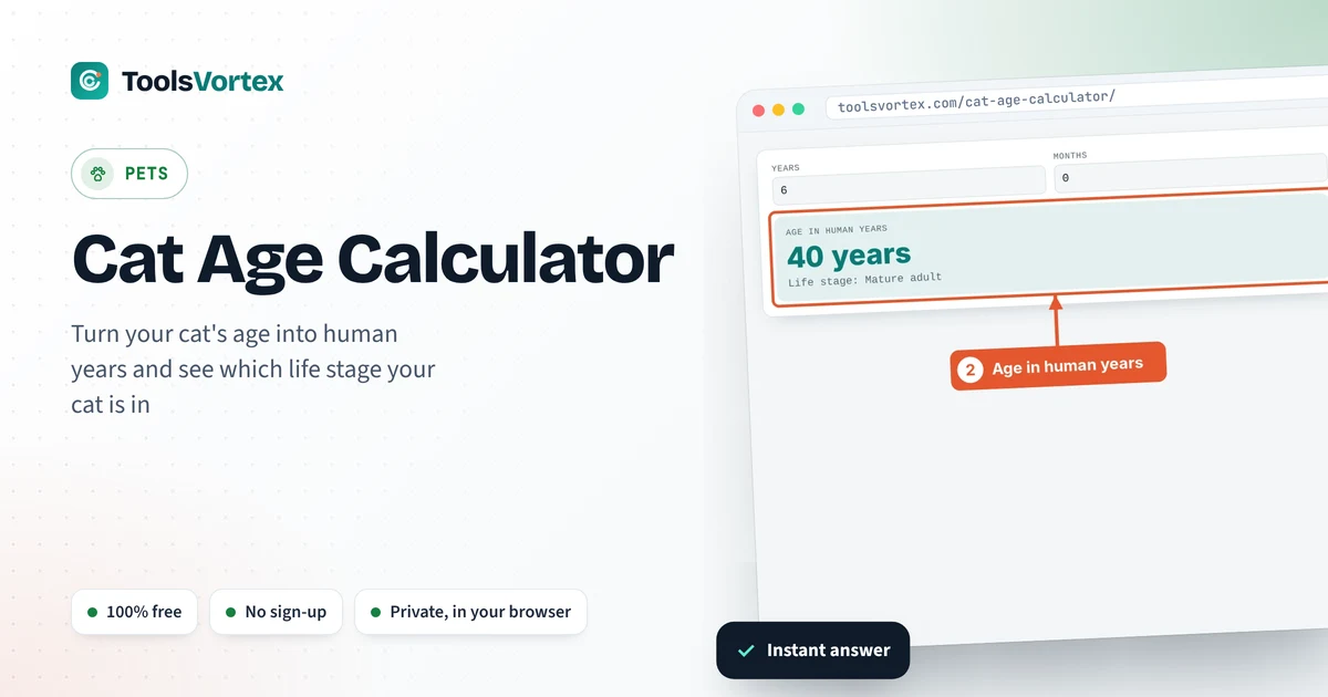 Cat Age Calculator on ToolsVortex: enter your numbers and get an instant answer