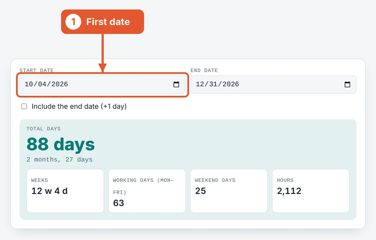 Choose the start date on the Days Between Dates Calculator