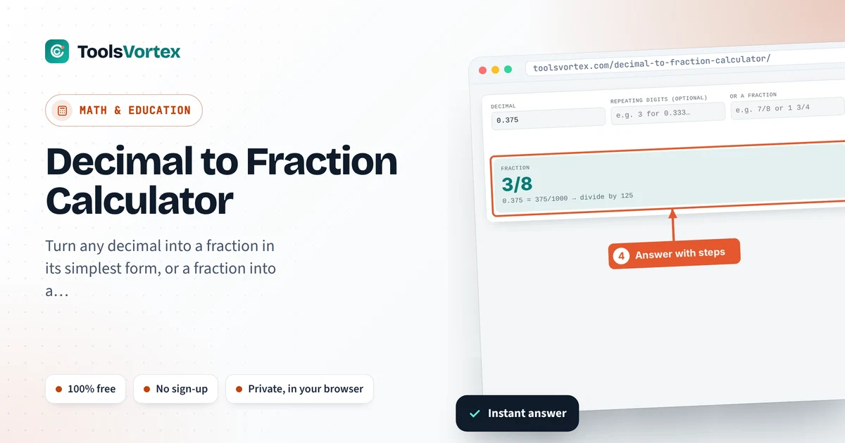 Decimal to Fraction Calculator on ToolsVortex: enter your numbers and get an instant answer