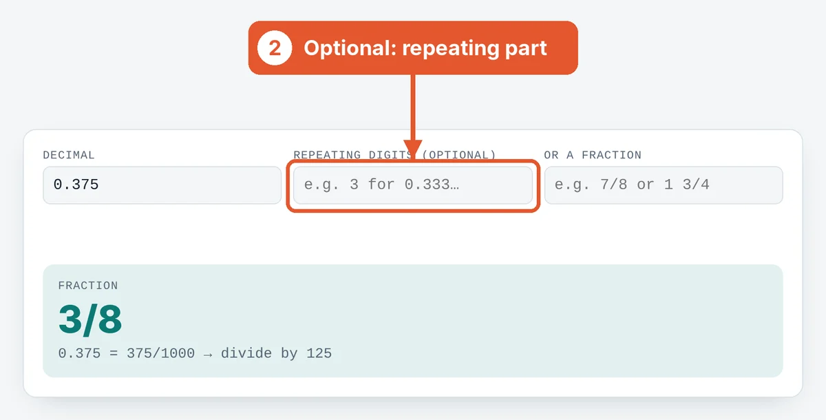Add repeating digits if needed on the Decimal to Fraction Calculator