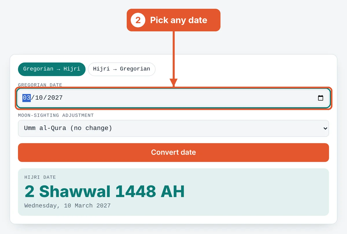 Enter the date on the Hijri Date Converter