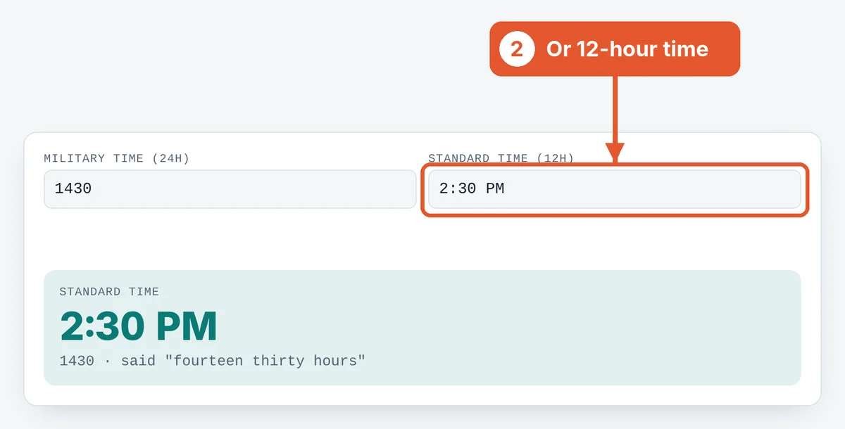 Or type standard time on the Military Time Converter