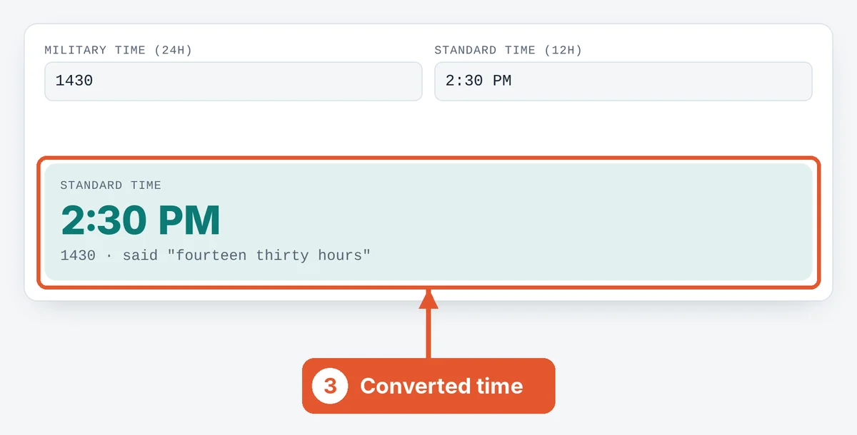 Read the result on the Military Time Converter