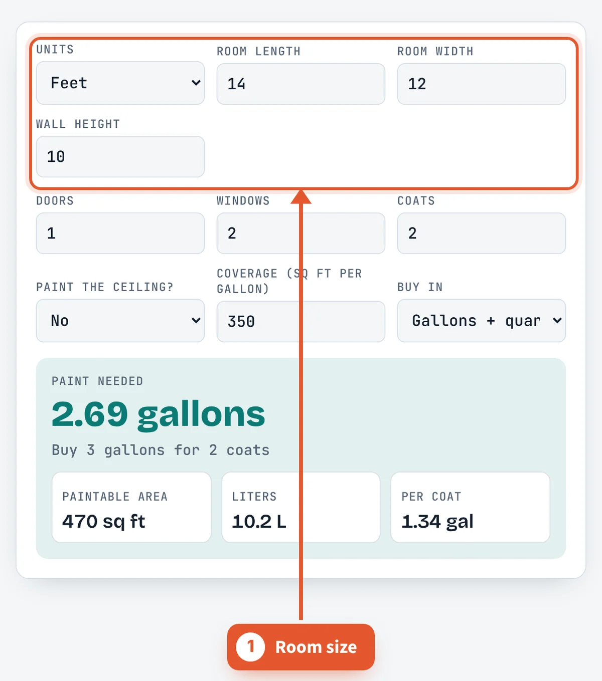 Room length, width and wall height on the Paint Calculator