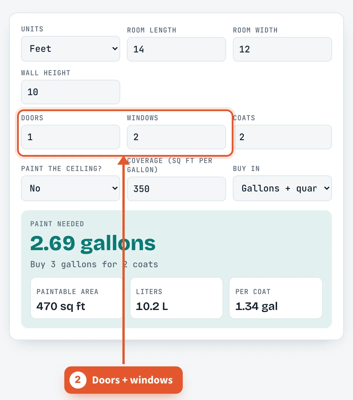 Doors and windows fields on the Paint Calculator