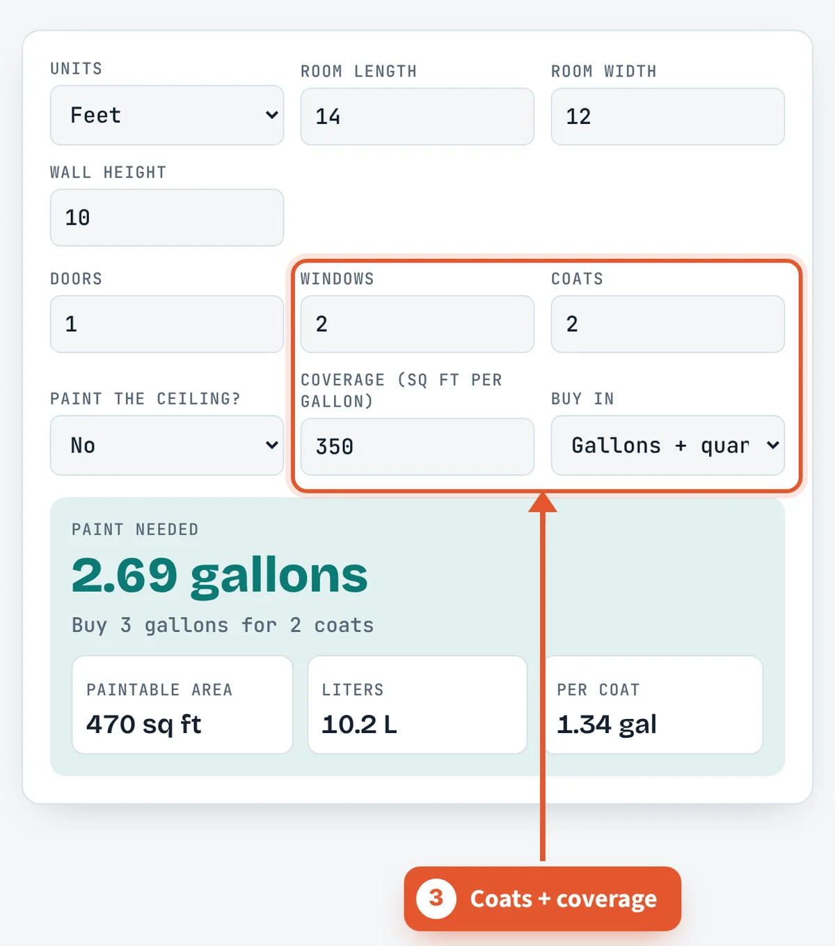 Coats and coverage per gallon on the Paint Calculator