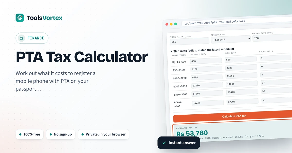 PTA Tax Calculator on ToolsVortex: enter your numbers and get an instant answer