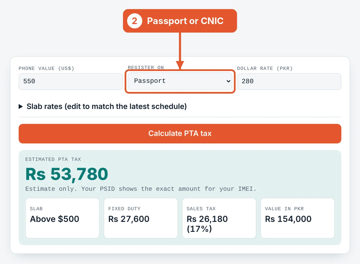 Choose passport or CNIC on the PTA Tax Calculator