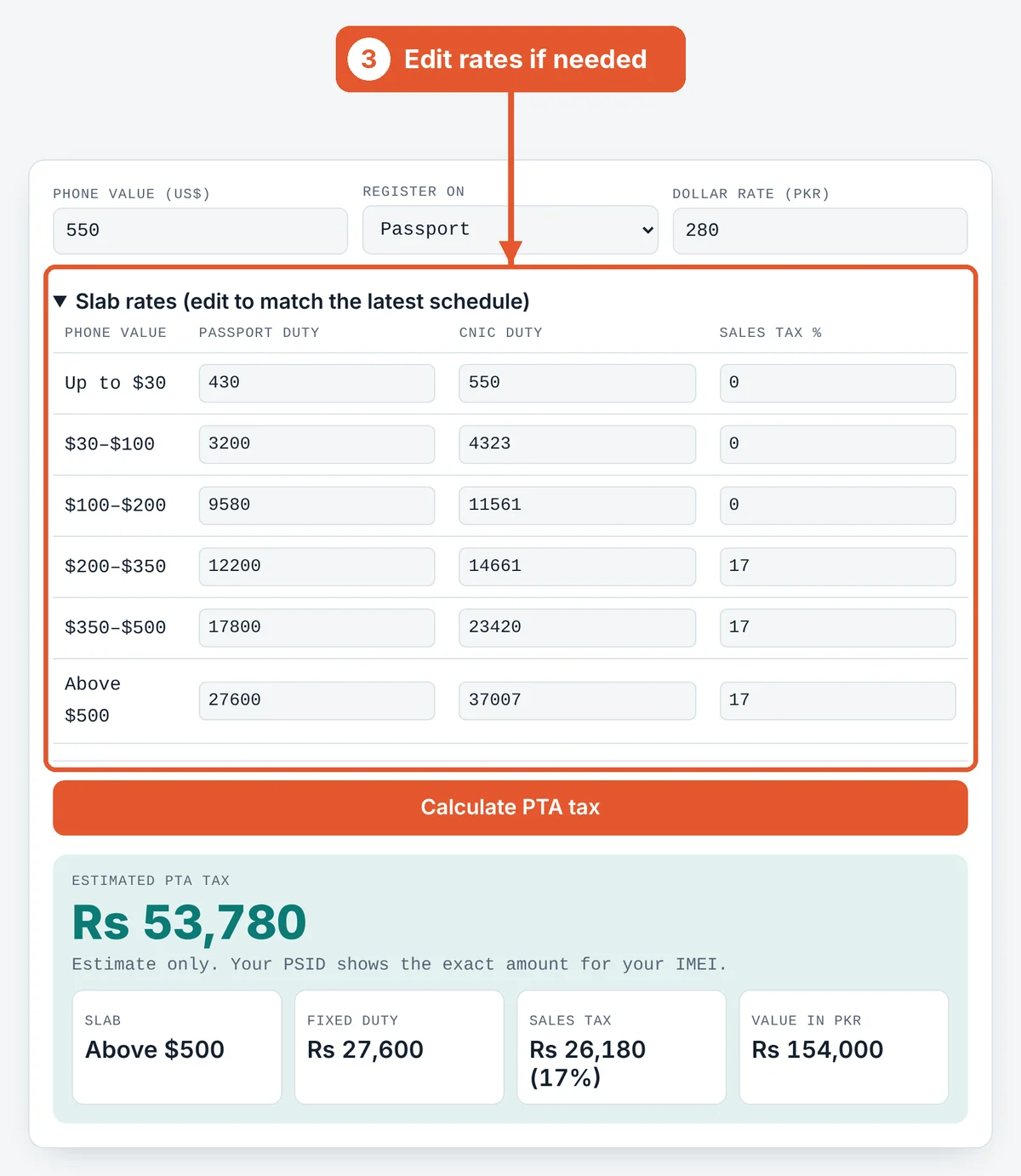 Check the slab rates on the PTA Tax Calculator
