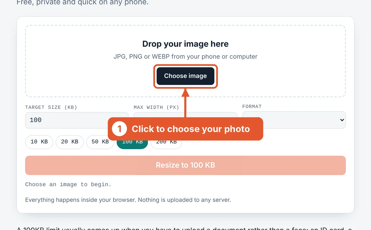 Choose your image on the Resize Image to 100KB