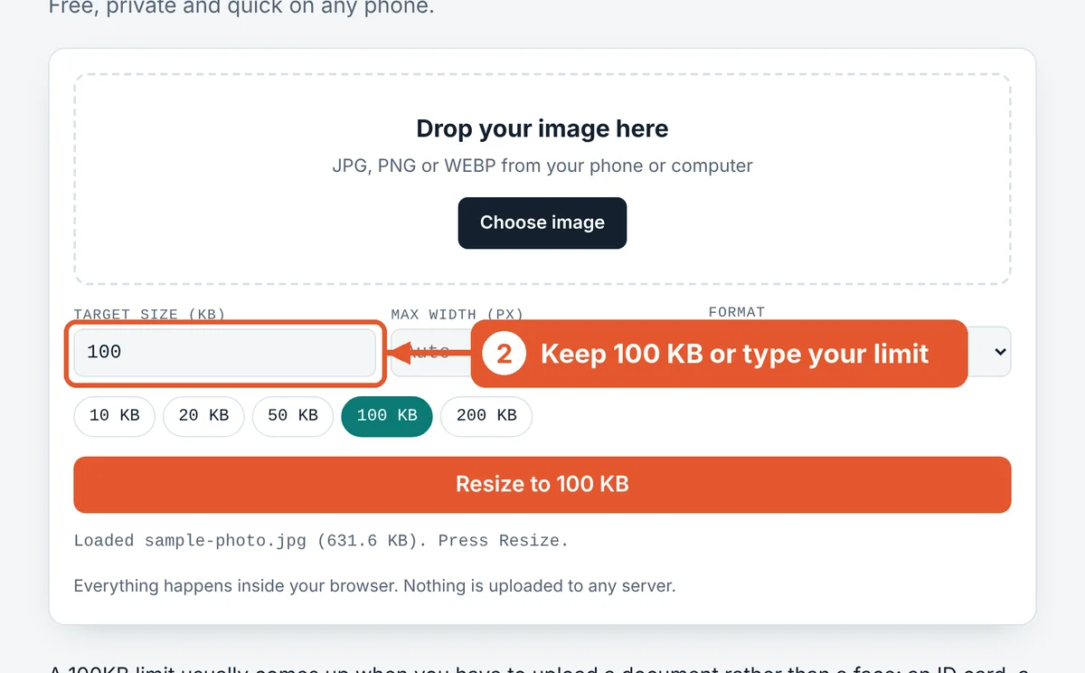 Check the target size on the Resize Image to 100KB