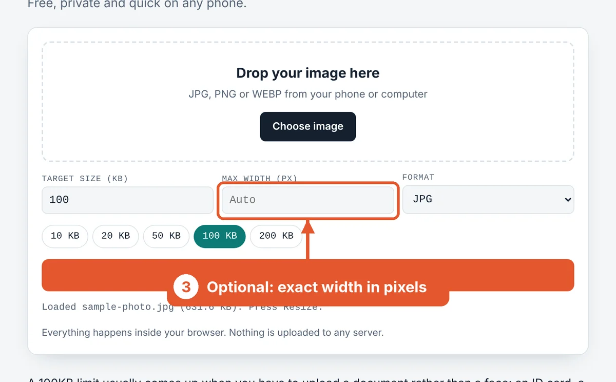 Set a width if the form asks for one on the Resize Image to 100KB