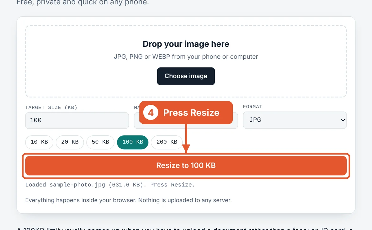 Press Resize on the Resize Image to 100KB