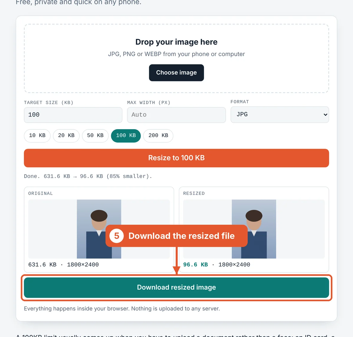 Compare and download on the Resize Image to 100KB