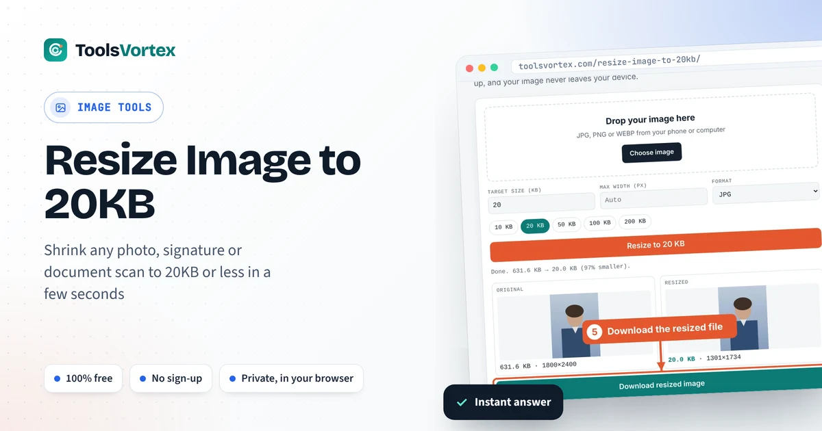 Resize Image to 20KB on ToolsVortex: enter your numbers and get an instant answer