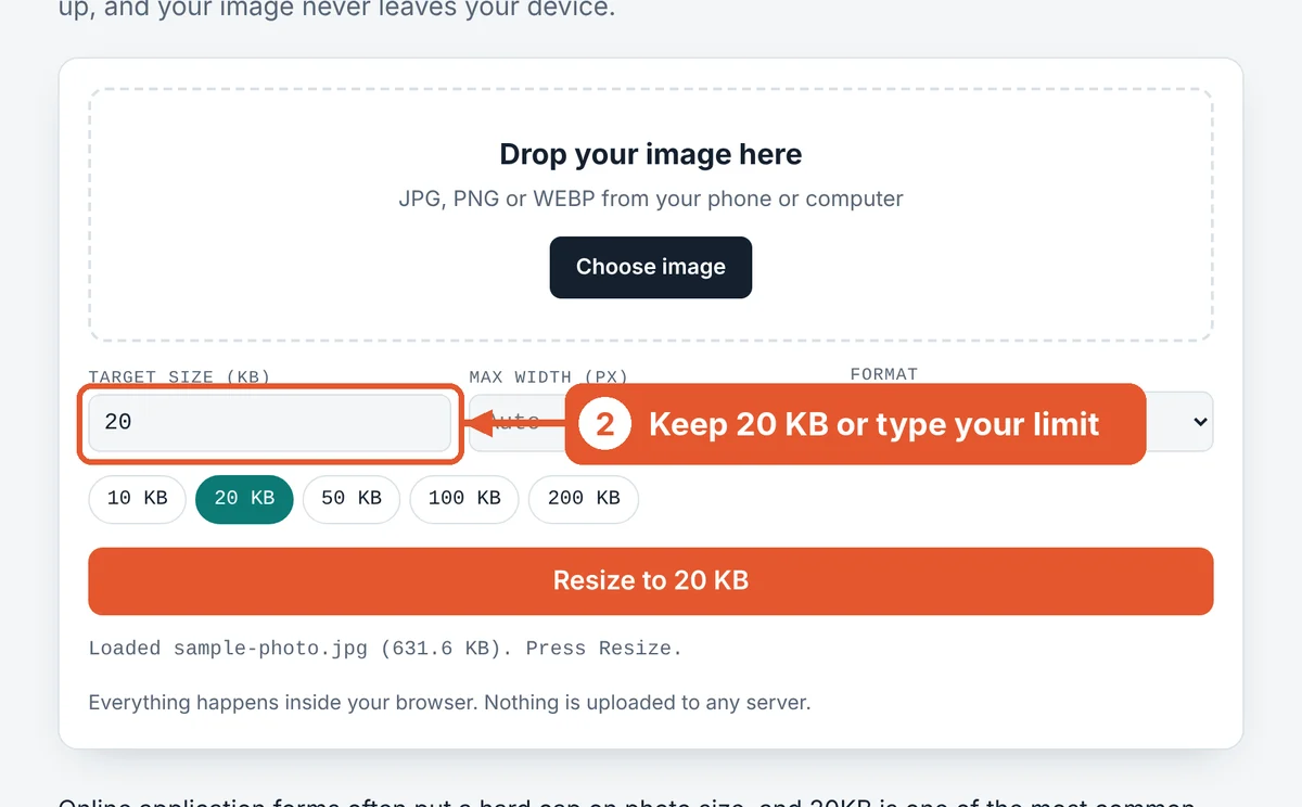 Check the target size on the Resize Image to 20KB