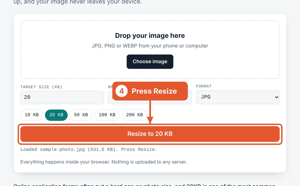 Press Resize on the Resize Image to 20KB