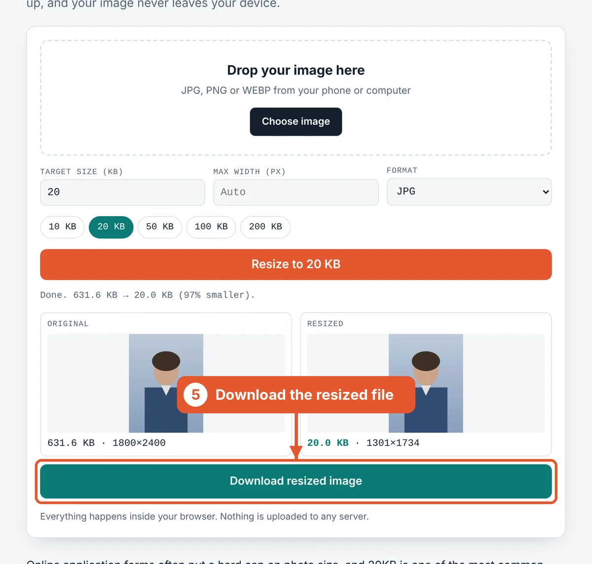 Compare and download on the Resize Image to 20KB