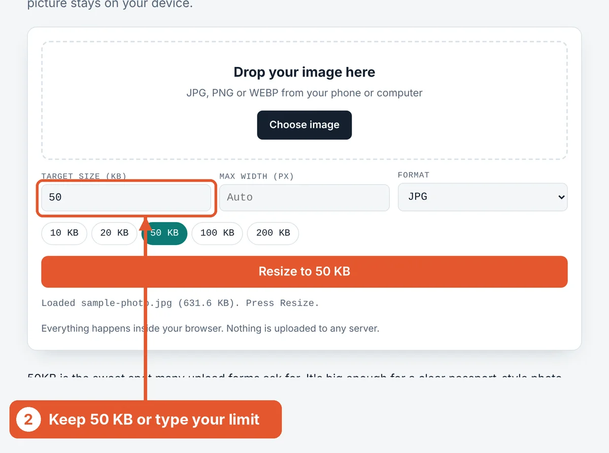 Check the target size on the Resize Image to 50KB