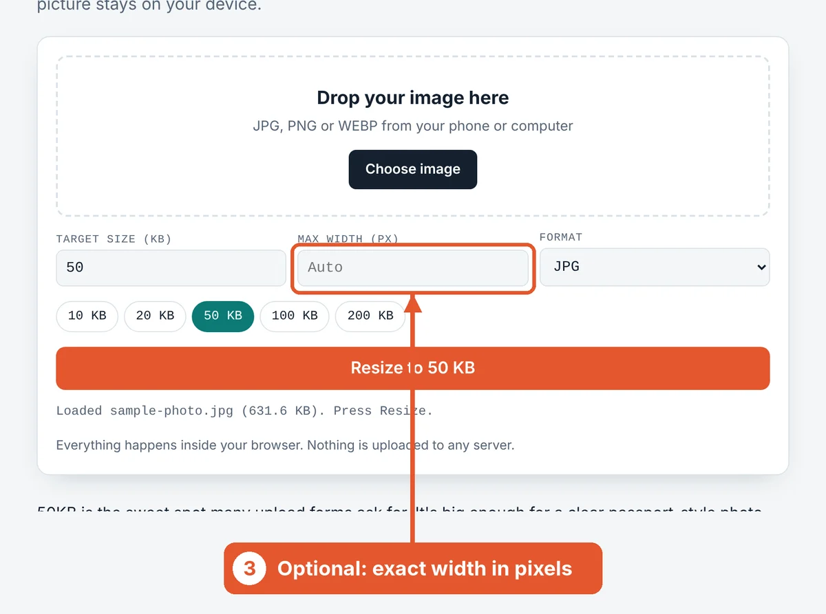 Set a width if the form asks for one on the Resize Image to 50KB