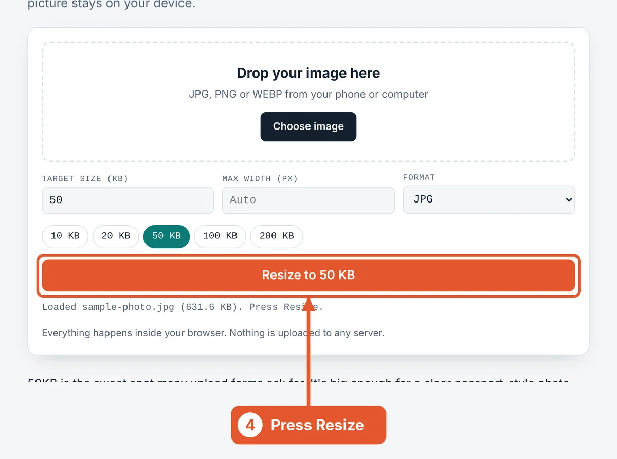 Press Resize on the Resize Image to 50KB