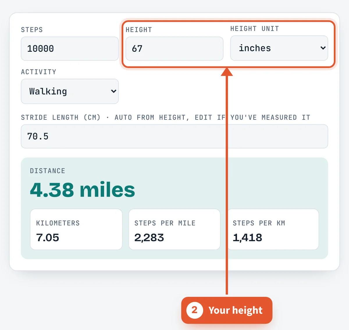 Enter your height on the Steps to Miles Calculator