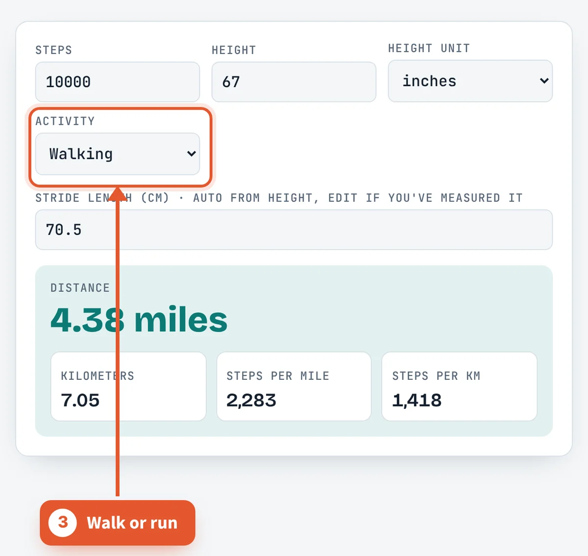 Choose walking or running on the Steps to Miles Calculator