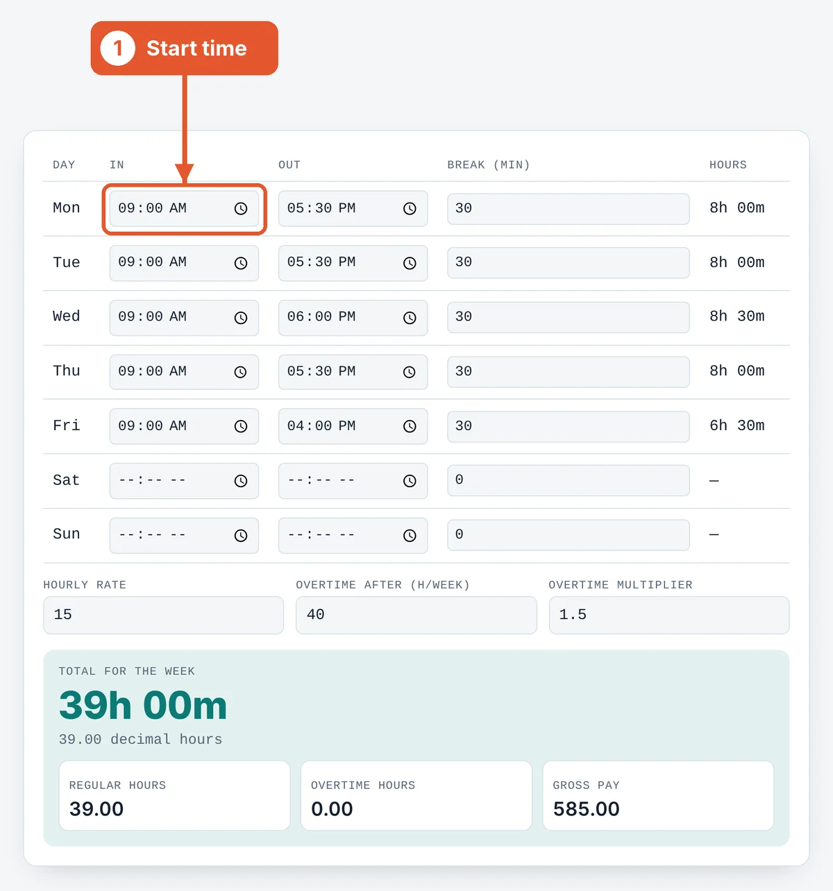 Enter clock-in times on the Time Card Calculator