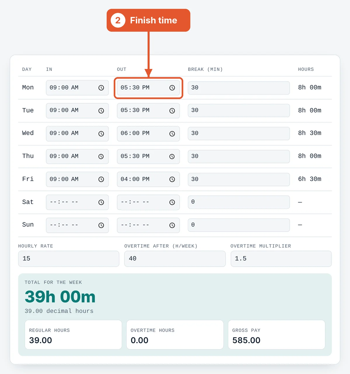 Enter clock-out times on the Time Card Calculator