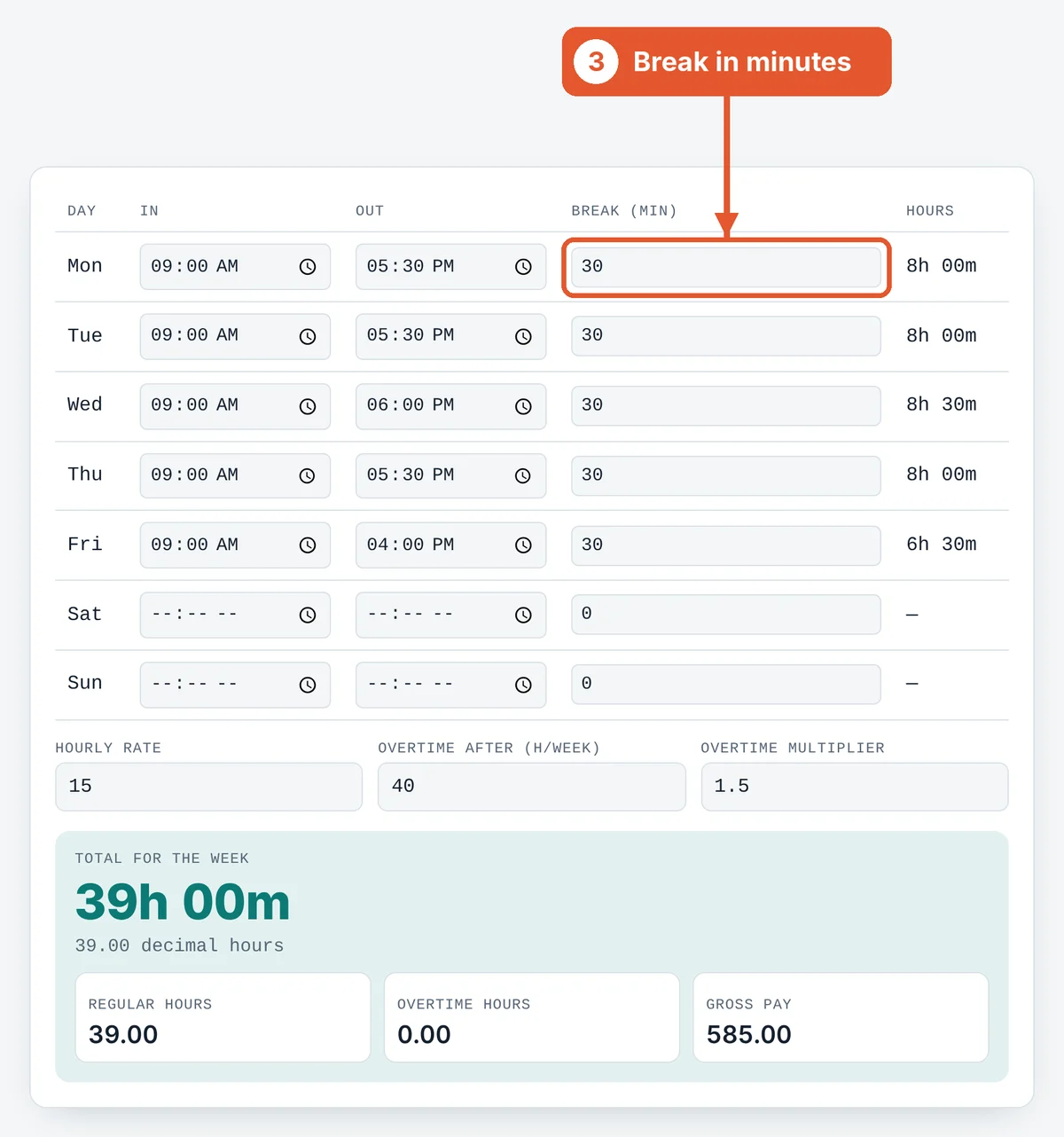 Add unpaid breaks on the Time Card Calculator