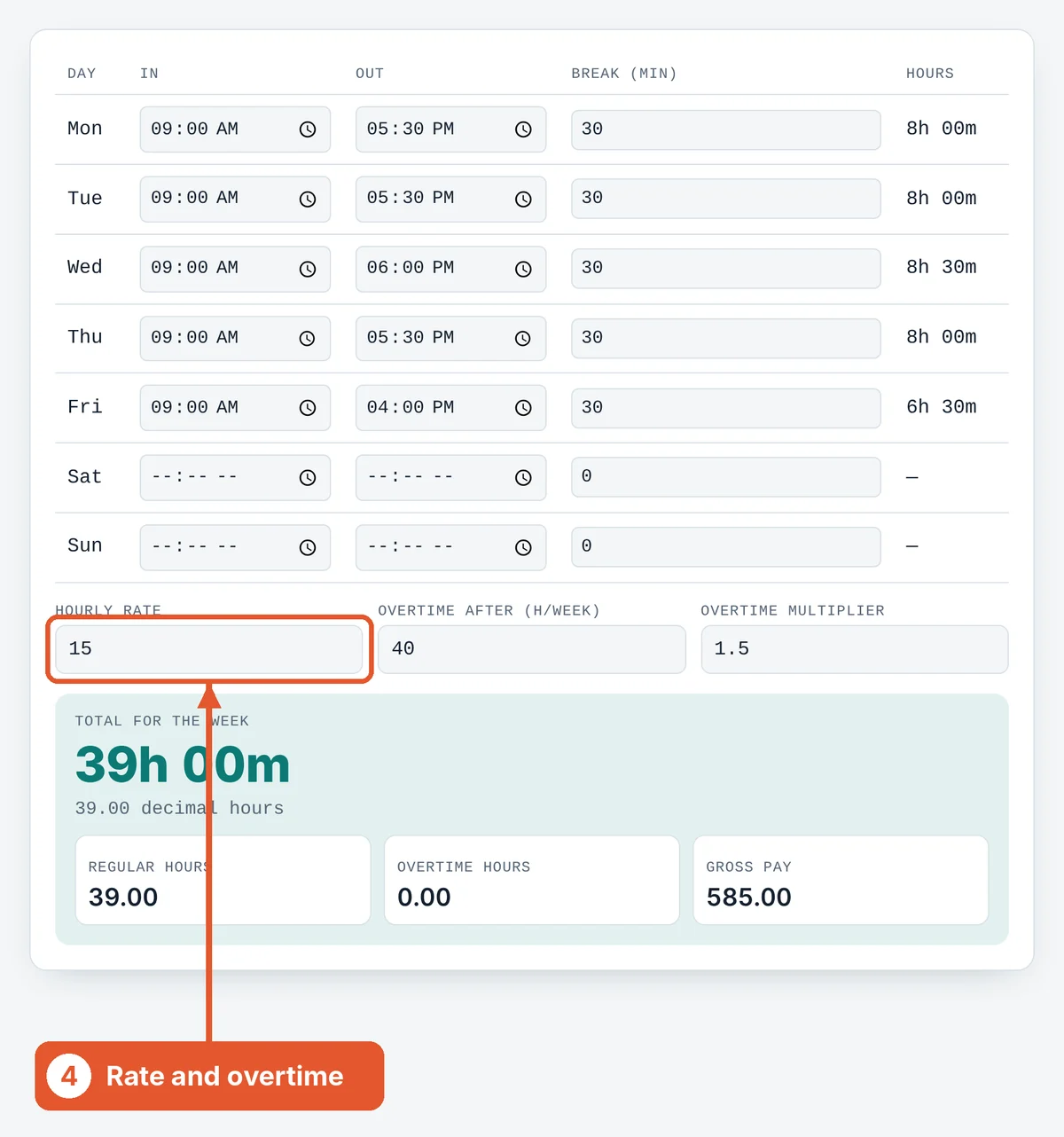 Set rate and overtime on the Time Card Calculator