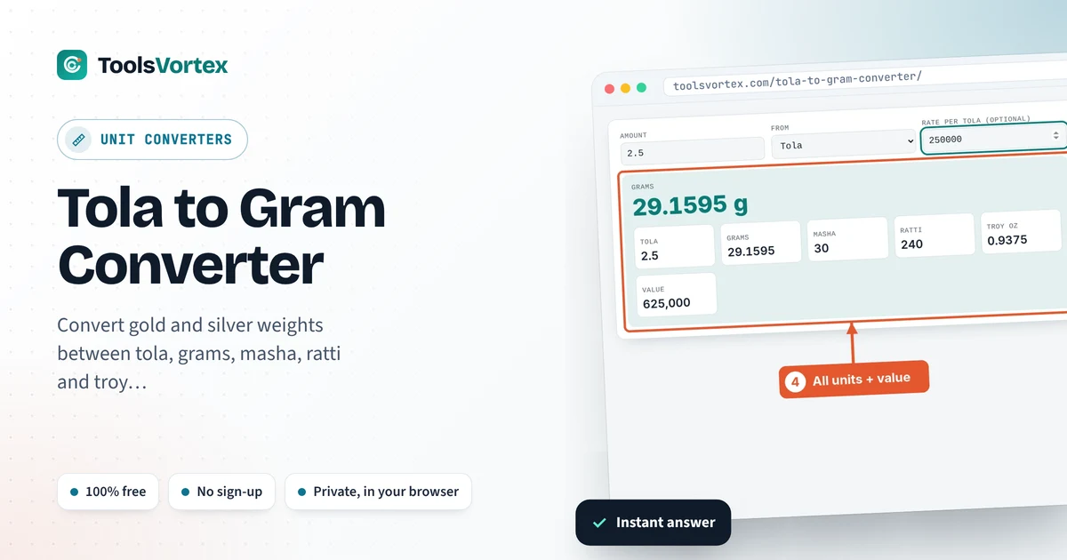 Tola to Gram Converter on ToolsVortex: enter your numbers and get an instant answer