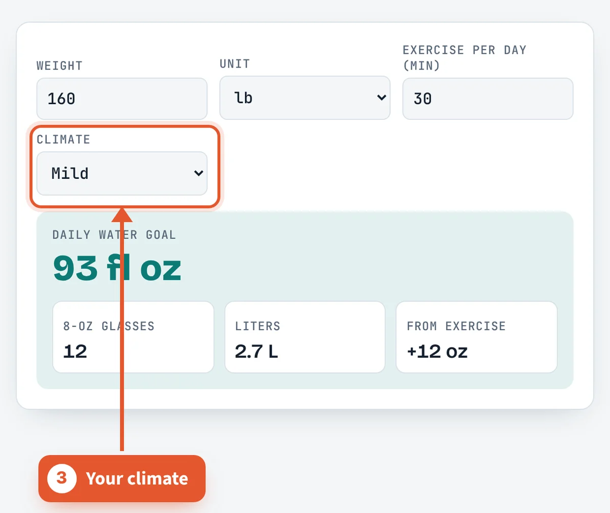 Choose your climate on the Water Intake Calculator