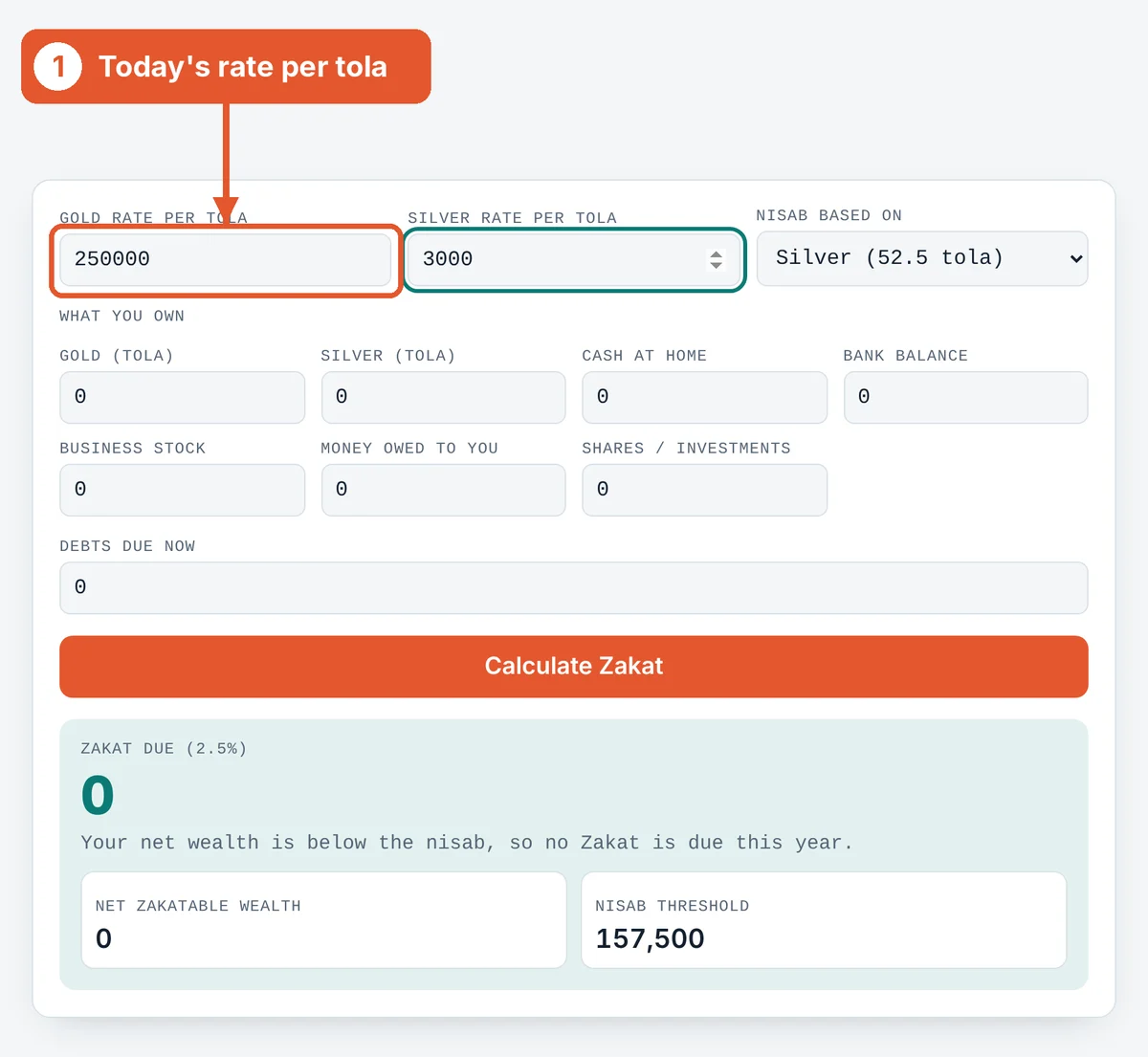 Enter today's metal rates on the Zakat Calculator