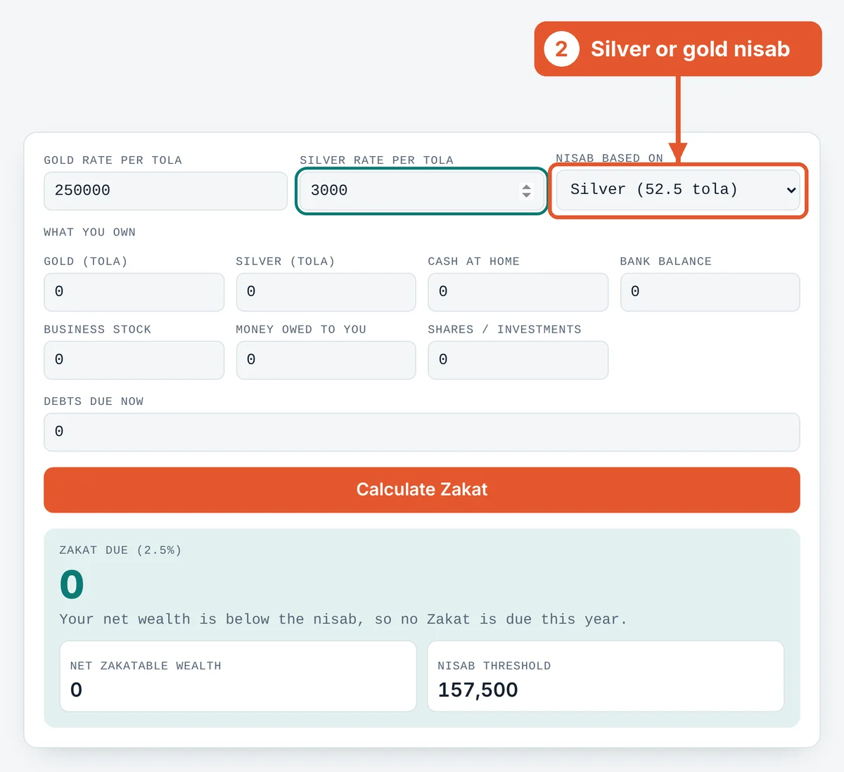 Choose the nisab basis on the Zakat Calculator