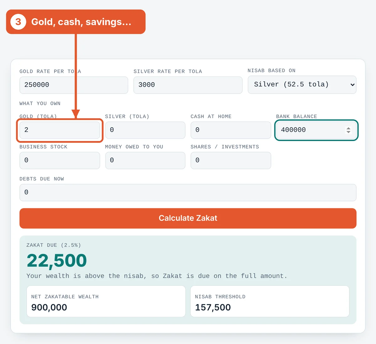 Add what you own on the Zakat Calculator